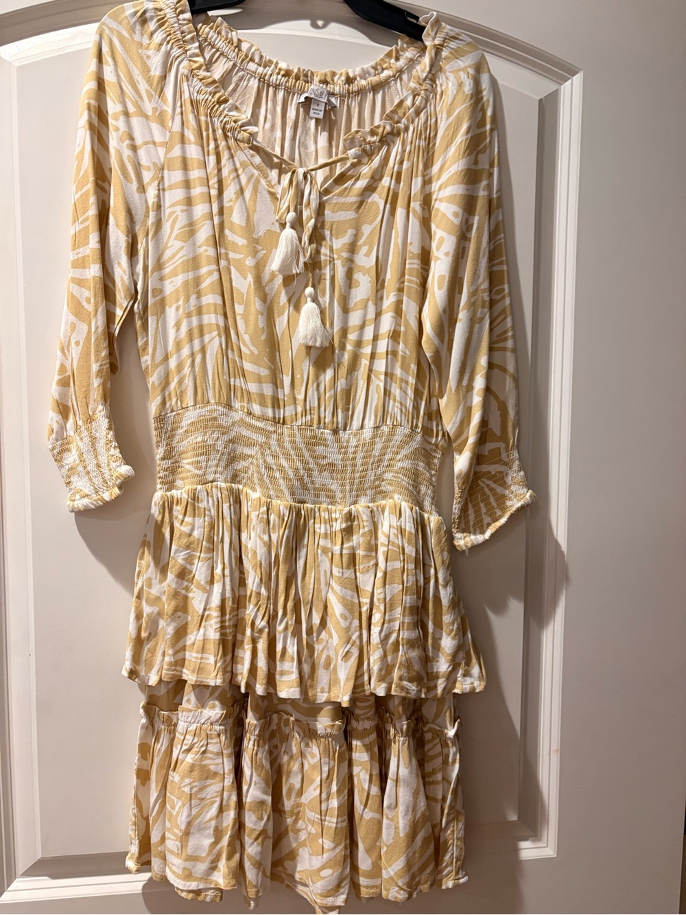 Tan & White Printed Dress with Tassel Tie